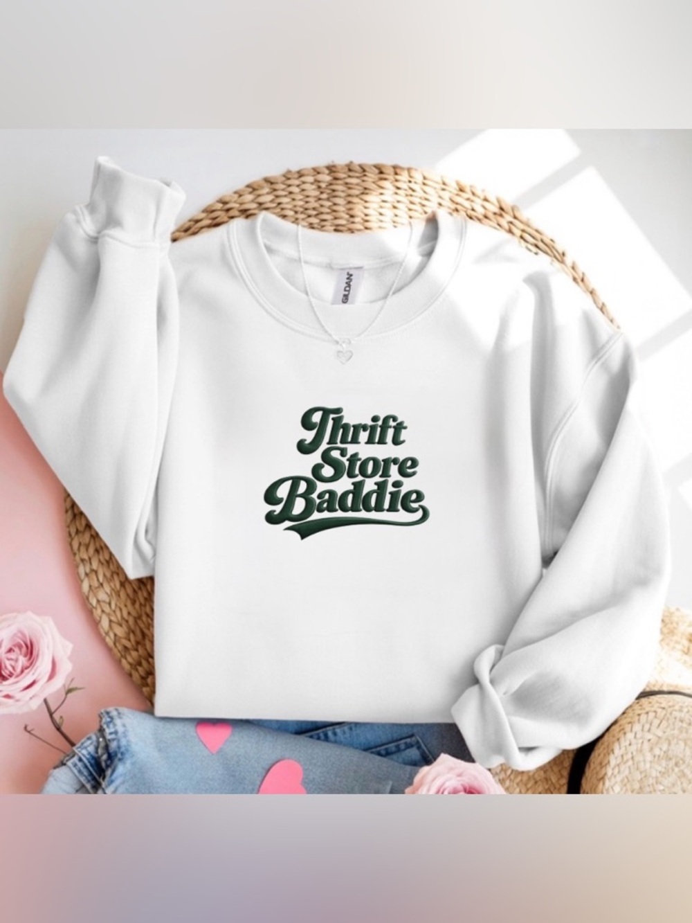 Thrift Store Baddie Crewneck Sweatshirt Thrifting Reseller White Sweater